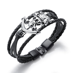 Men's Skull Calaveras Trendy Rock Gothic Titanium Steel Leather Bracelet
