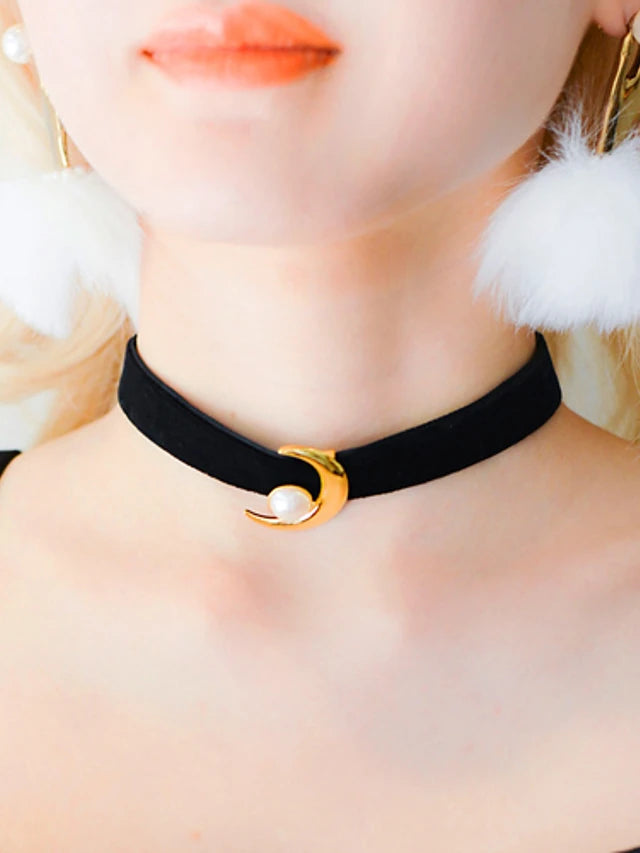 Tattoo Choker Moon Pearl Leather Necklace