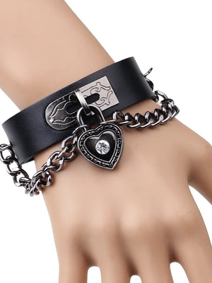 Men's Chain Rivet Heart Button Rock Fashion Leather Bracelet