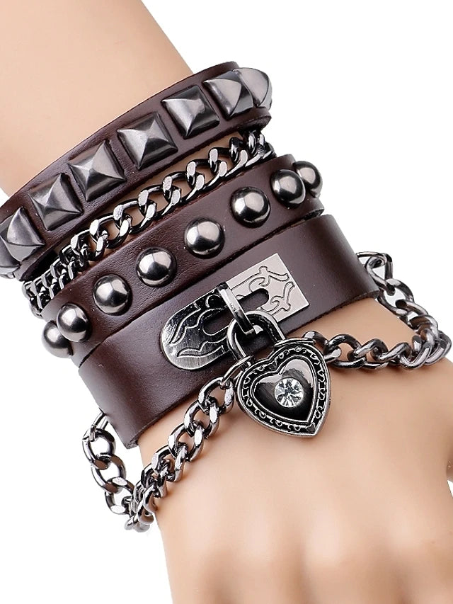 Men's Chain Rivet Heart Button Rock Fashion Leather Bracelet