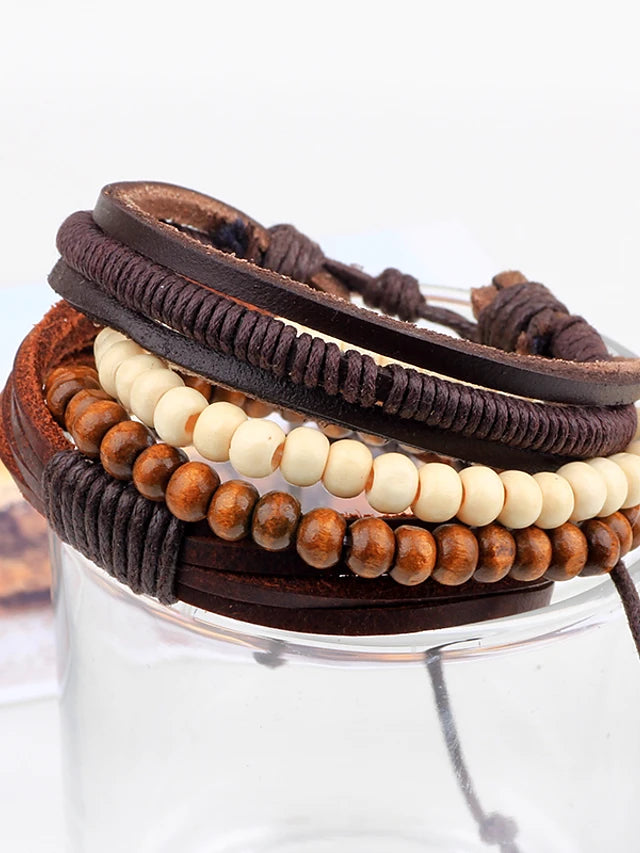 Men's Bead Fashion Wooden Leather Bracelet