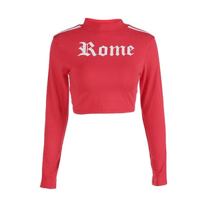 Rome Sweatshirt top Gender:Women Item Type:Hoodies,Sweatshirts Sleeve Style:REGULAR Clothing Length:Short Material:Acrylic,Spandex,Cotton Hooded:No Sleeve Length(cm):Full Collar:Turtleneck Fabric Type:Broadcloth Pattern Type:Letter Style:High Street Type:Pullovers Size Chart (in cm) Size BUST SHOULDER SLEEVE LENGTH S 82 37 58 39 M 86 38 59 40 L 90 39 60 41 XL 94 40 61 42                                                               Black,S,Black,M,Black,L,Black,XL,Red,S,Red,M,