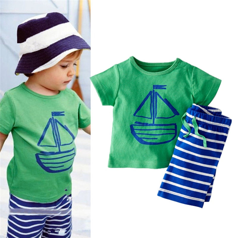 2 Piece Baby Boy Printed T-Shirt+ Stripe Shorts - blitz-styles