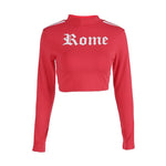 Rome Sweatshirt top Gender:Women Item Type:Hoodies,Sweatshirts Sleeve Style:REGULAR Clothing Length:Short Material:Acrylic,Spandex,Cotton Hooded:No Sleeve Length(cm):Full Collar:Turtleneck Fabric Type:Broadcloth Pattern Type:Letter Style:High Street Type:Pullovers Size Chart (in cm) Size BUST SHOULDER SLEEVE LENGTH S 82 37 58 39 M 86 38 59 40 L 90 39 60 41 XL 94 40 61 42                                                               Black,S,Black,M,Black,L,Black,XL,Red,S,Red,M,