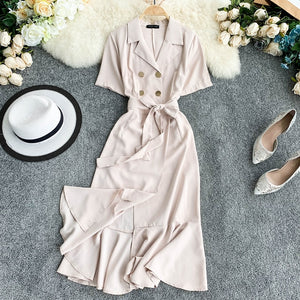Elegant Ruffles Beige Dress Dresses Gender:Women Material:Polyester Style:vintage Silhouette:A-Line Pattern Type:Solid Sleeve Length(cm):Short Decoration:Ruffles Dresses Length:Mid-Calf Sleeve Style:REGULAR Waistline:empire Neckline:Notched Season:Summer  Size Details (in cm) One Size - Length:110cm, Bust:90 cm,  Sleeve:20 cm, Waist:74 cm   Beige,M,Beige,L,Black,M,Black,L,Coral Red,M,Coral Red,L 34.99 USD