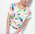 New Fashion Chiffon Colorful Feathers Print Top - blitz-styles