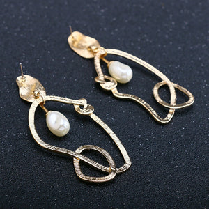 Trendy Imitation Pearls Hollow Knot Big Asymmetric Dangling Metal Earrings - blitz-styles