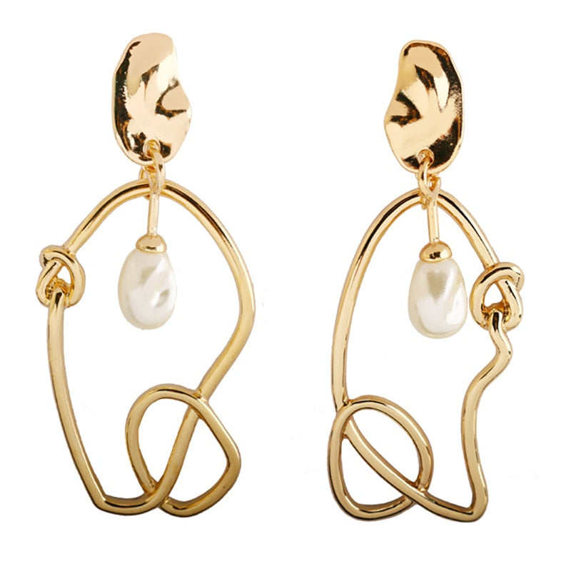 Trendy Imitation Pearls Hollow Knot Big Asymmetric Dangling Metal Earrings - blitz-styles