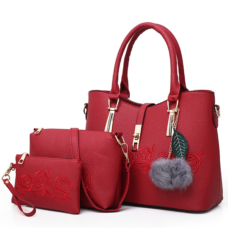Fashionable Rose 3 Piece Set Leather Handbags - blitz-styles