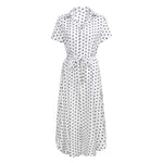 Bow Tie V Neck Dot Button Dress Short Sleeve Solid Long Dress - blitz-styles