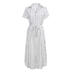 Bow Tie V Neck Dot Button Dress Short Sleeve Solid Long Dress - blitz-styles