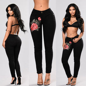 Stretch Embroidered Slim Ripped Rose Jeans - blitz-styles