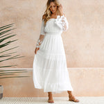 Boho Bohemian Dress Dresses Pattern Type:Solid Waistline:empire Sleeve Style:Off the Shoulder Style:Bohemian Sleeve Length(cm):Full Silhouette:A-Line Material:Polyester Decoration:Lace Dresses Length:Ankle-Length Neckline:Slash neck Color:White Size:S M L XL Size Details (in cm)                                                White,S,White,M,White,L,White,XL 31.98 USD