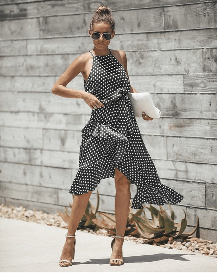 Elegant Sleeveless High Waist Dot Print Dress - blitz-styles