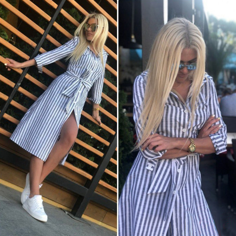 Vintage Striped Three Quarter Sleeve Turn Down Collar Casual Dress - blitz-styles