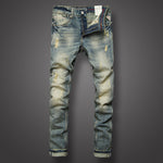 Italian Style Fashion Mens Jeans Retro Design Slim Fit Denim Ripped Jeans Mens Pants Brand Clothing Nostalgia Color Biker Jeans