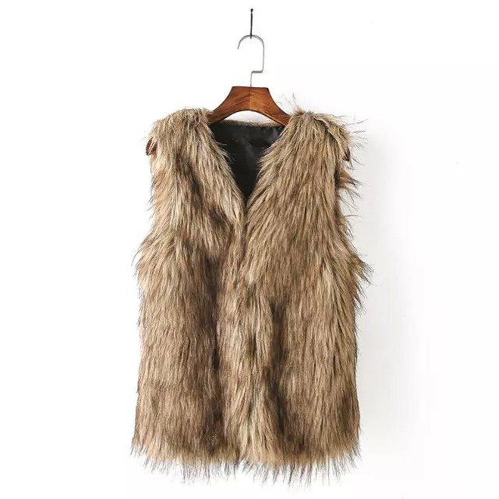 V Neck Sleeveless Winter Fur Coat