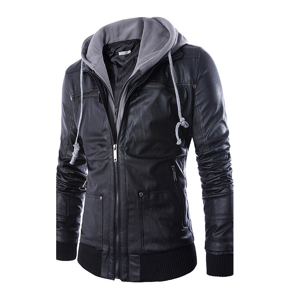 Winter Color Block Hooded Leather Jacket