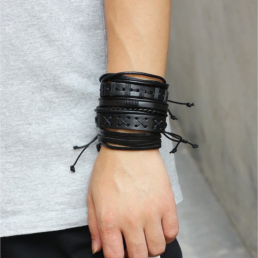 Men's Wrap Woven Punk Leather Bracelet