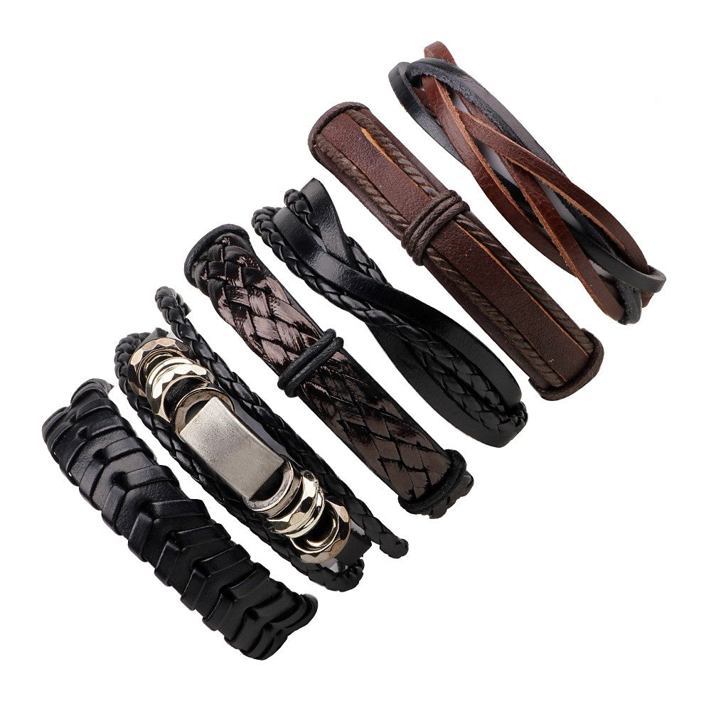 Men's Rope Twisted Woven Rock Paracord Leather Bracelet
