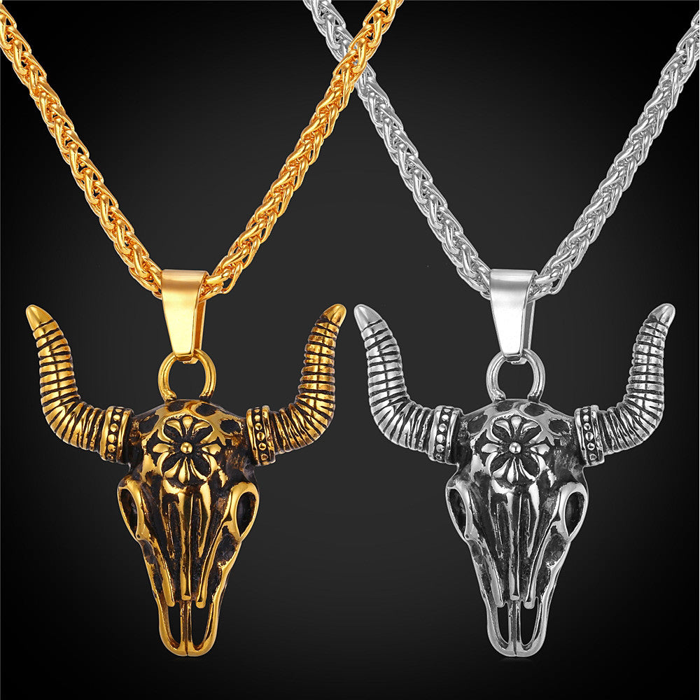 Men's Franco Chain Bull Pendant Necklace